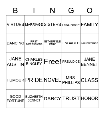 PRIDE AND PREJUDICE Bingo Card