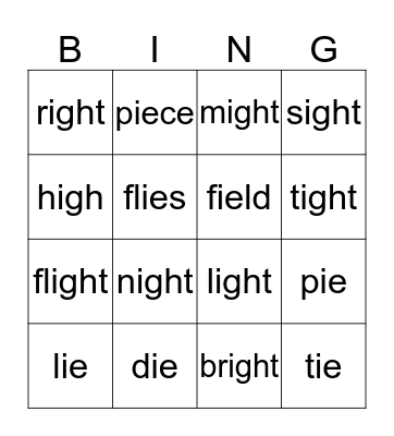 -ie and -igh Bingo Card