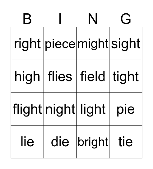 -ie and -igh Bingo Card