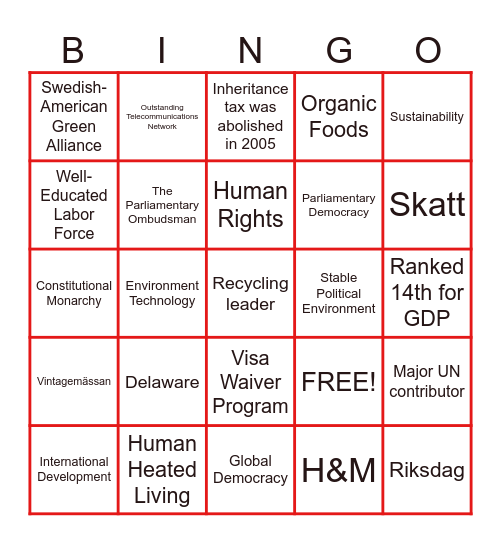 Swedish BINGO Card