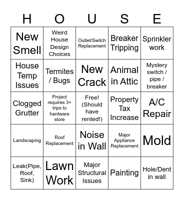 Homeowner Bingo Card