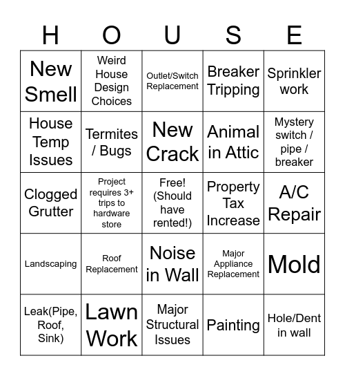 Homeowner Bingo Card