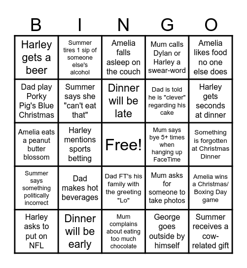 Rusher Family Bingo Card