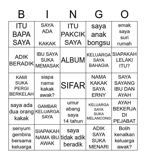 AKTIVITI BAHASA MELAYU Bingo Card
