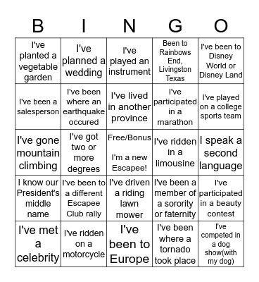 ESCAPEES SPRING RALLY 2016 Bingo Card
