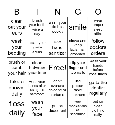 Hygiene Bingo Card