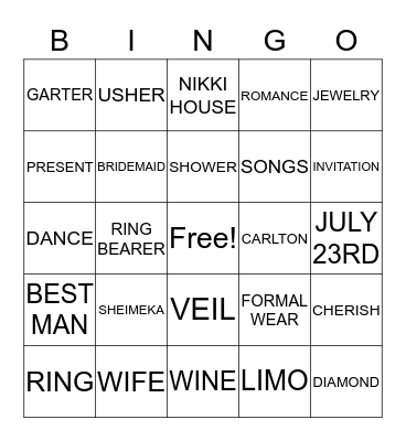 BRIDAL SHOWER BINGO Card