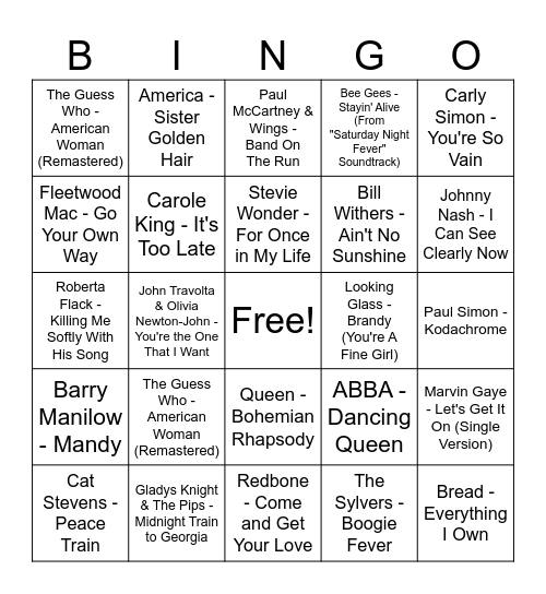 70s Bingo Card