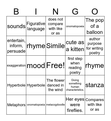 Poetry Bingo Card