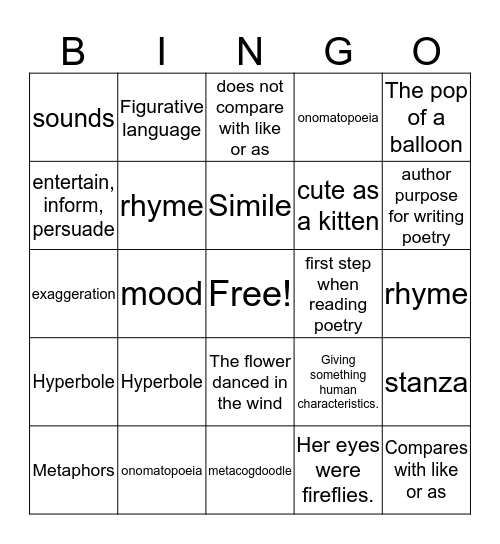 Poetry Bingo Card