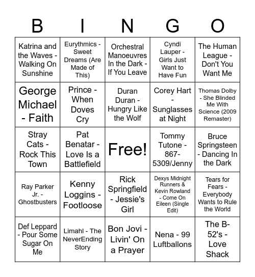 80s Bingo Card