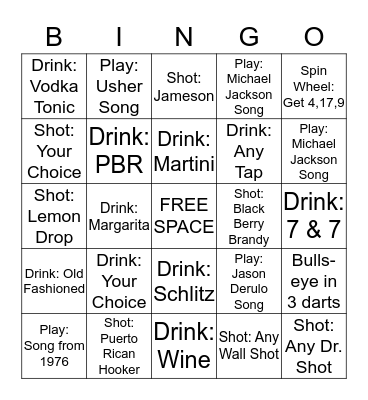 Juston's Pub Crawl Bingo Card