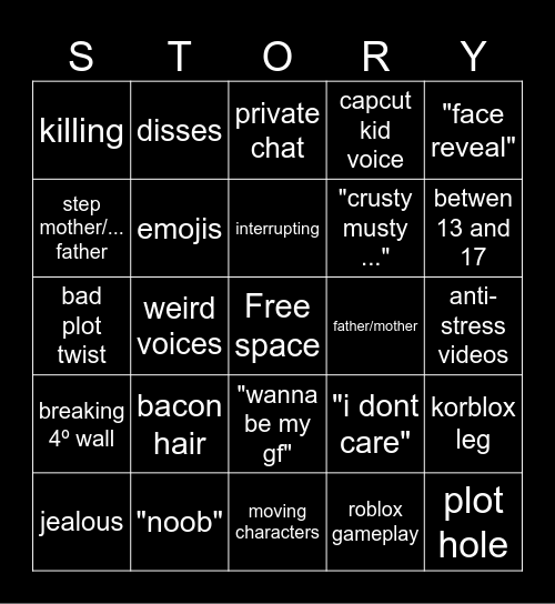 roblox stories bingo Card