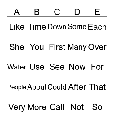 Word BINGO Card