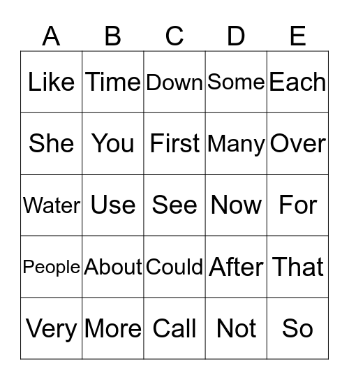 Word BINGO Card