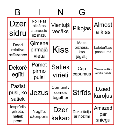 Christmas movie cringeness Bingo Card