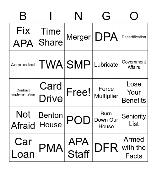 Company Union Bingo Card