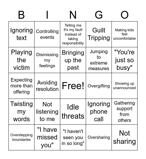 Family Narcs Bingo Card