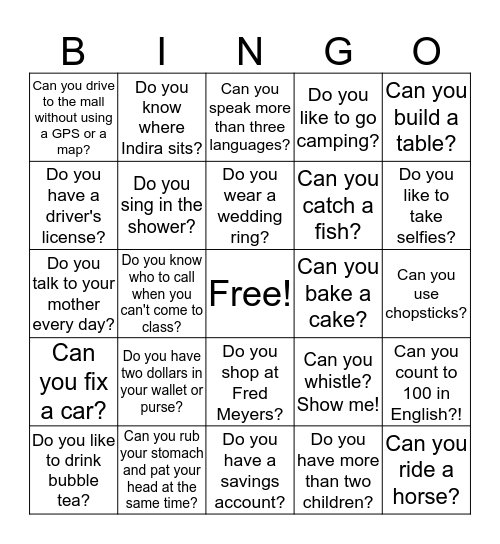 CAN OR DO YOU? Bingo Card