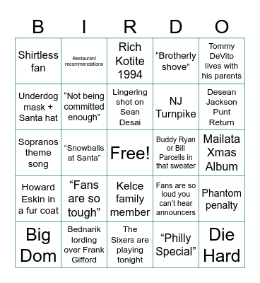Eagles Giants Xmas Bingo Card