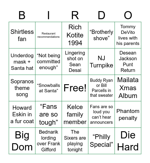 Eagles Giants Xmas Bingo Card