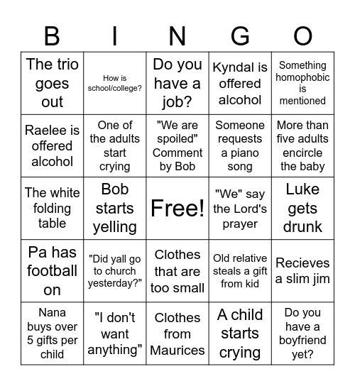 Nana's Christmas Bingo Card