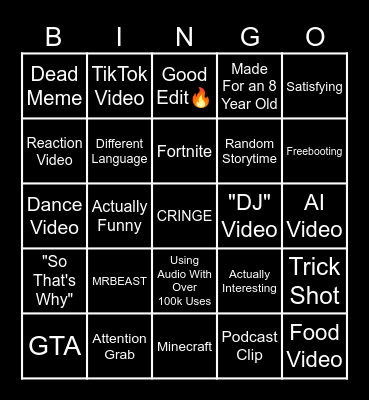 YouTube Shorts Bingo Card