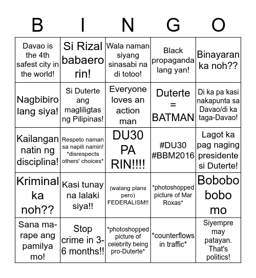 Dutertard Bingo Card Bingo Card
