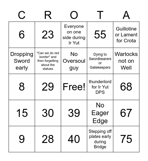 Crota's End LFG bingo Card