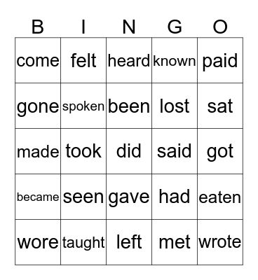 irregular verbs Bingo Card