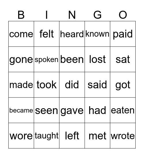 irregular verbs Bingo Card