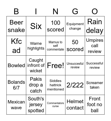 Boxing day test Bingo Card