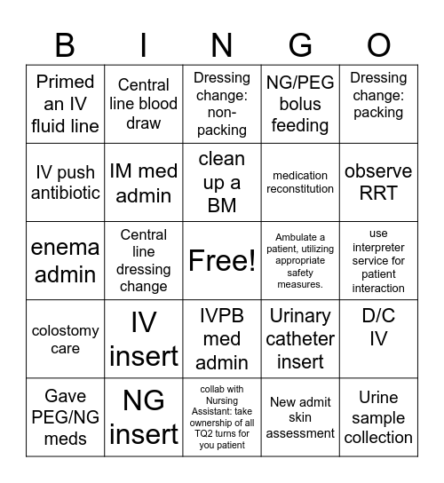 Nursing School BINGO Card