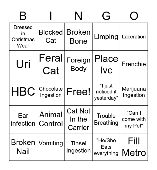 Veterinary Holiday Bingo Card