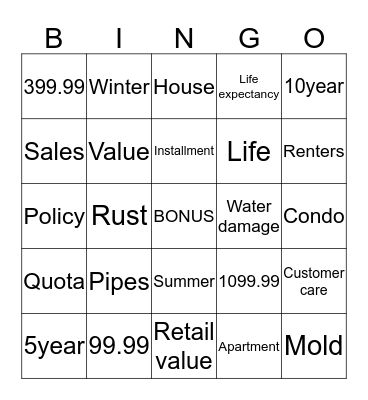 American Water Insurance Bingo Card