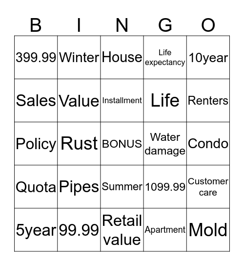 American Water Insurance Bingo Card