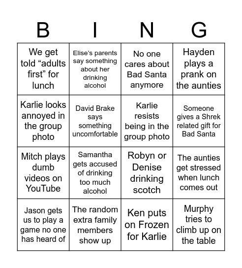 Wilson Family Christmas Bingo Card