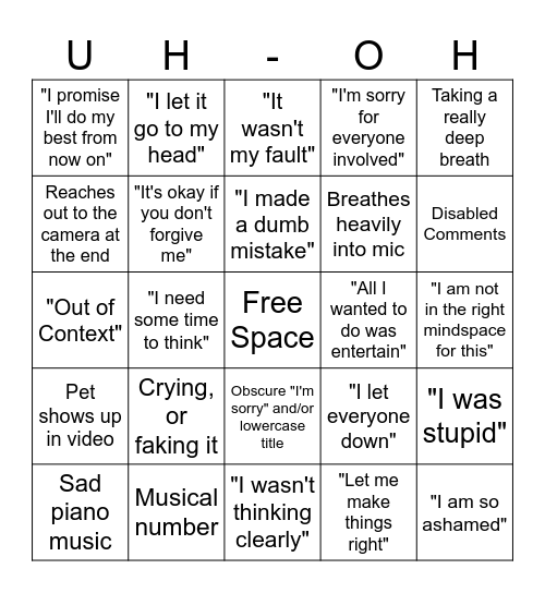 Youtuber Apology Video Bingo Card