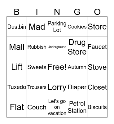 American Vs British English Bingo Card