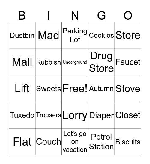 American Vs British English Bingo Card