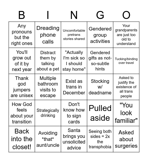 Trans Christmas Bingo Card