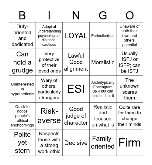 Socionics ESI Bingo Card