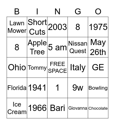 Giovanni's Birthday Bingo Card