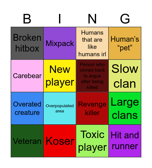 Animal survival game bingo Card