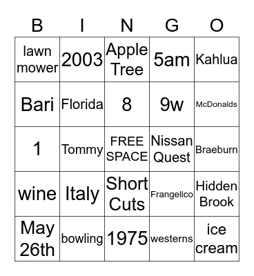 GIOVANNI'S BIRTHDAY BINGO! Bingo Card