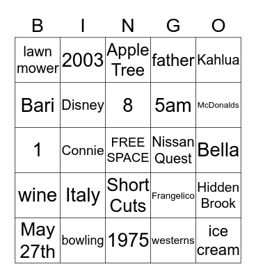 GIOVANNI'S BIRTHDAY BINGO! Bingo Card