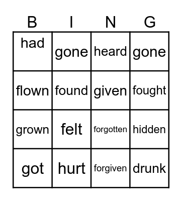 Irregular verbs Past Participle=V3 Bingo Card