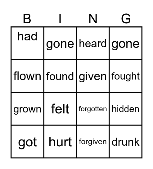 Irregular verbs Past Participle=V3 Bingo Card