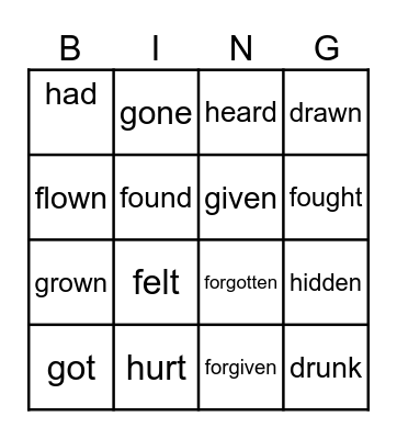 Irregular verbs Past Participle=V3 Bingo Card