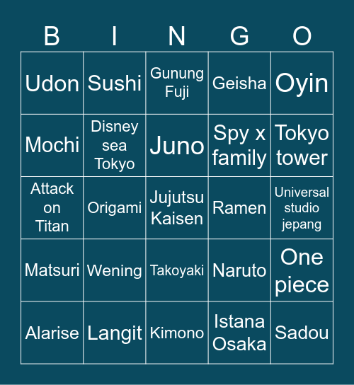 Juno's Bingo Card